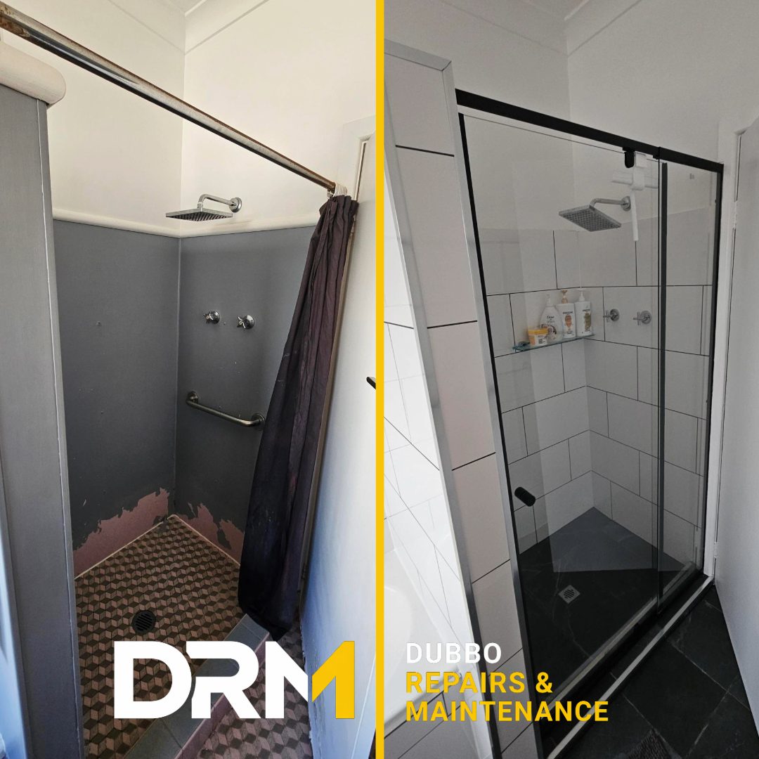 Dated shower recess, and the same recess after retiling with a glass screen