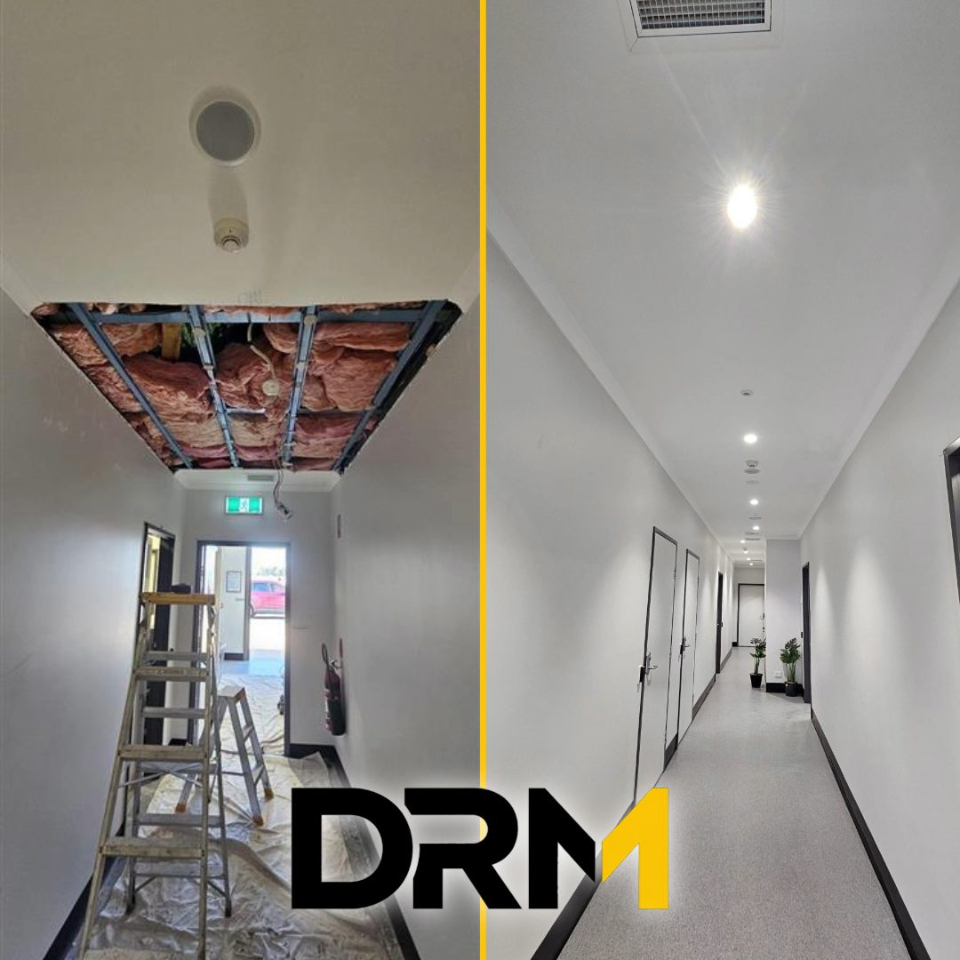 Corridor of a government building with the ceiling opened for access, and the same corridor after the ceiling was reinstated