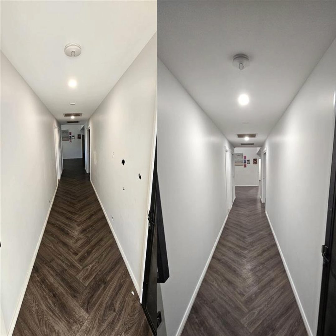 Hallway wall of an NDIS property with holes, and the same hallway after repair and repainting