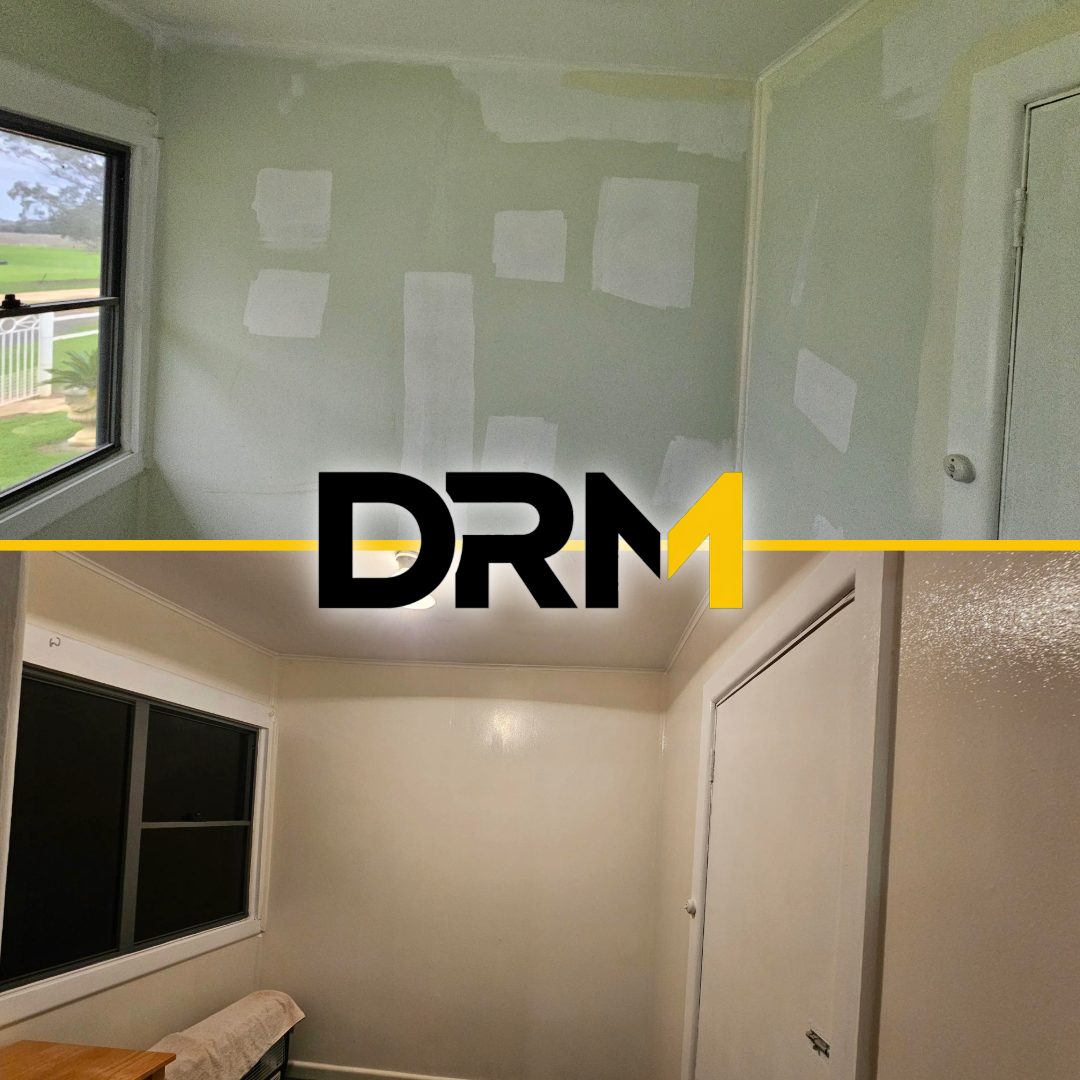 Plasterboard with joints and patches set, and the same room after painting