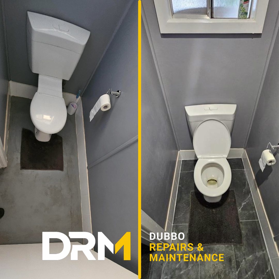 Toilet with bare floor, and the same room after tiling